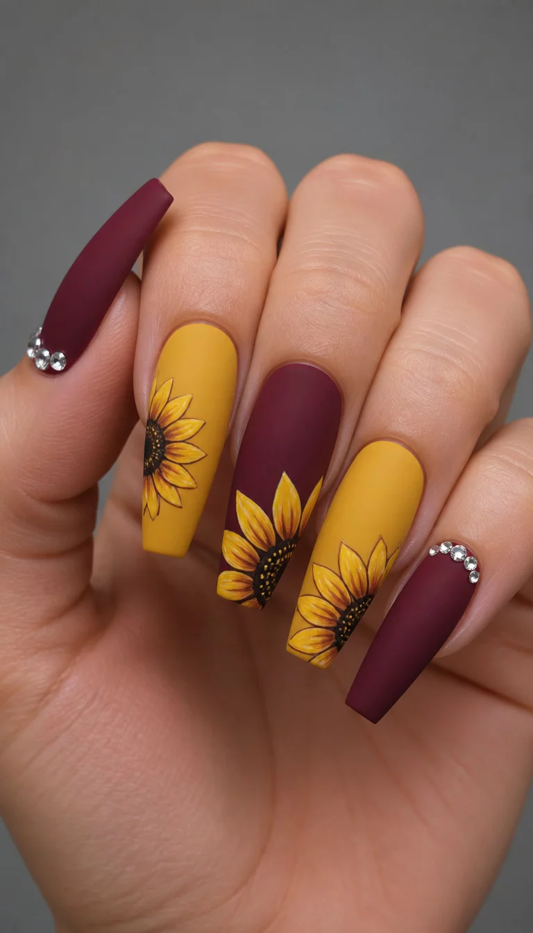 close-up shot of a woman’s hand with five fingers showing long, matte coffin-shaped nails in rich burgundy and mustard yellow, three nails with sunflower designs and two with small clear rhinestones at the base, neutral gray background