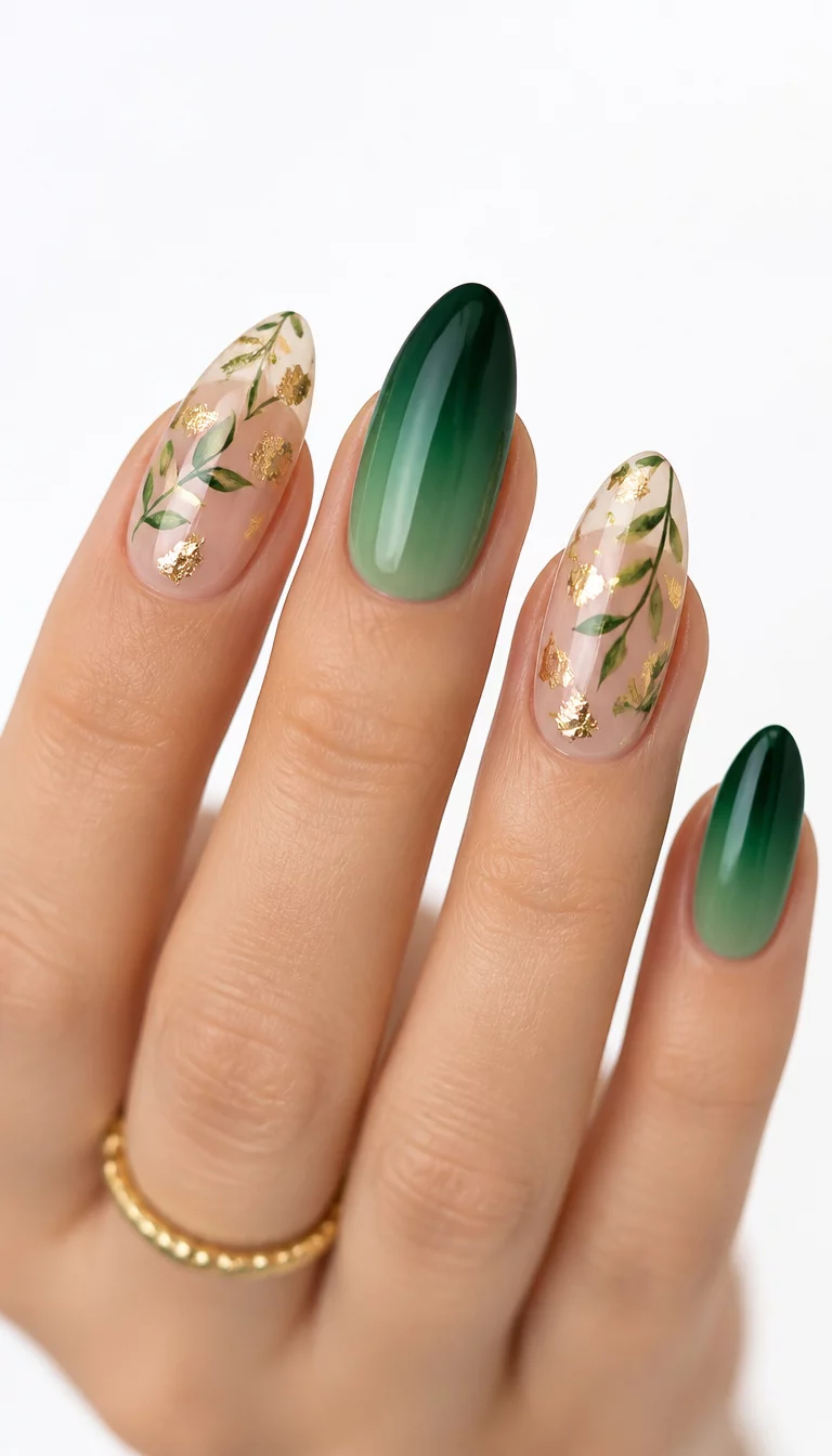 close-up shot of a woman’s hand with five fingers showing almond-shaped nails featuring a gradient of deep green polish on some nails and a sheer base with delicate green leaf and gold foil accents, white background