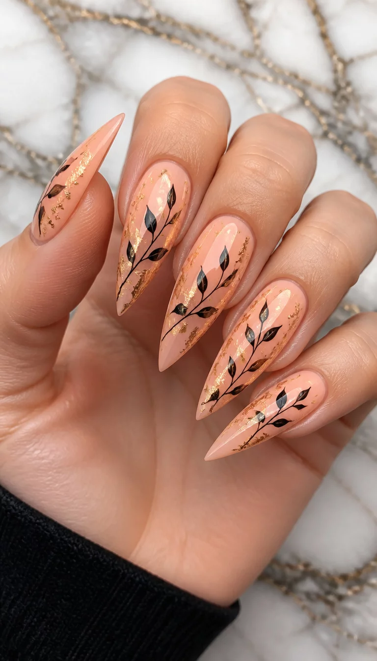 close-up shot of a woman’s hand with five fingers showing stiletto-shaped, peach-toned nails decorated with black branches and leaves, along with scattered gold foil elements, marble surface background