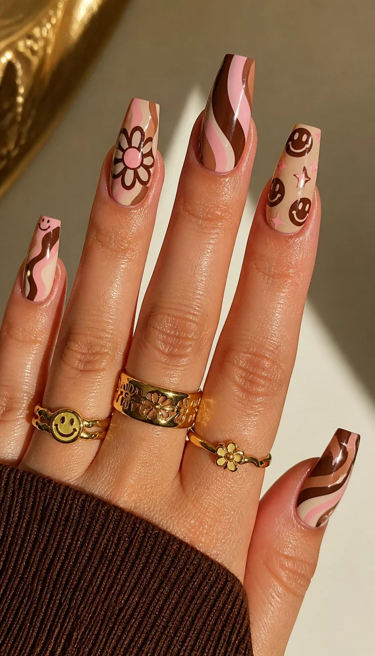 close-up shot of a woman’s hand with five fingers showing coffin-shaped nails with a 70s-inspired design with brown and pink swirls, smiley faces, and a flower motif, gold rings background