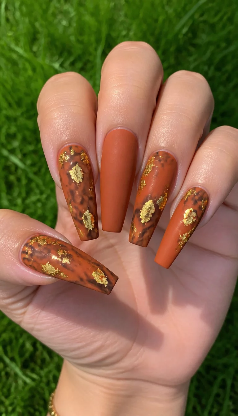 close-up shot of a woman’s hand with five fingers showing long, coffin-shaped nails in a matte terracotta orange with marbled brown accents and gold foil pieces, green grass background