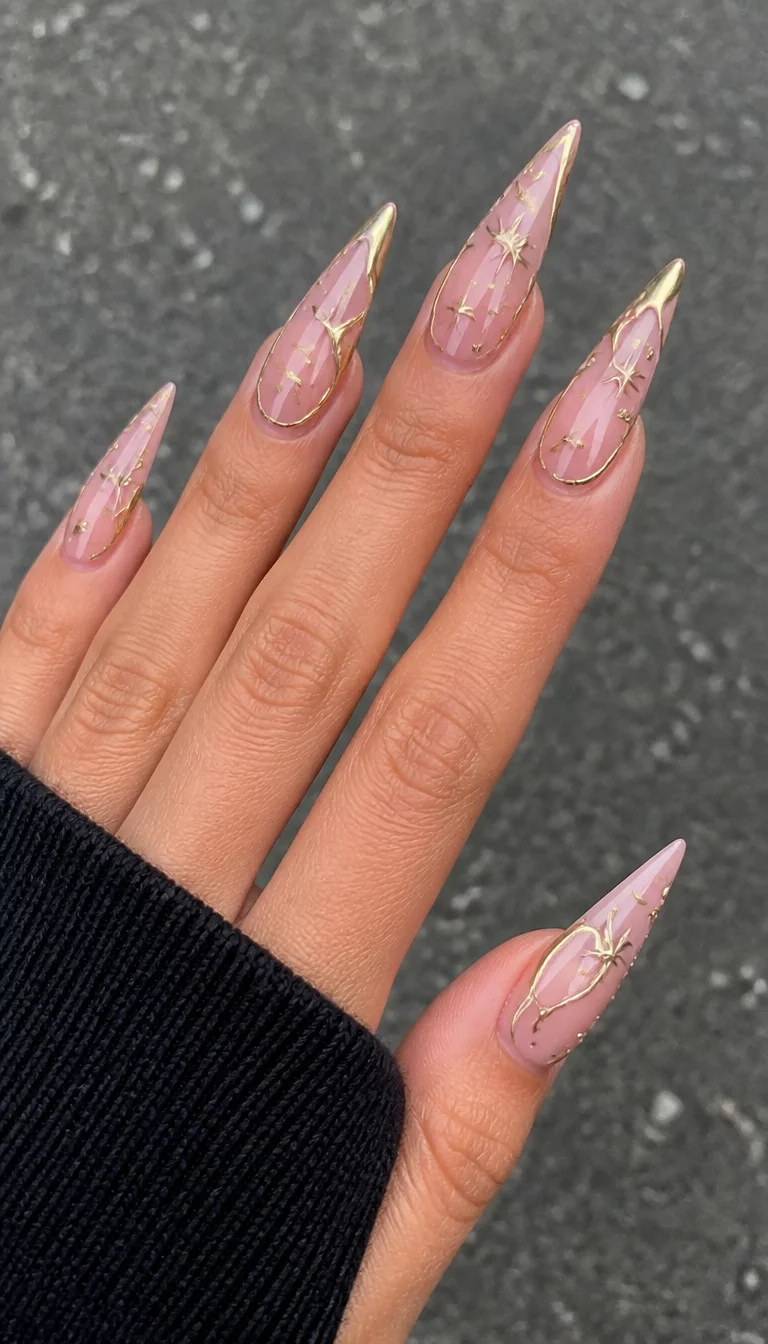 close-up shot of a woman’s hand with five fingers showing long, stiletto nails with a sheer pink base adorned with abstract gold metallic designs and small star embellishments, grey asphalt background