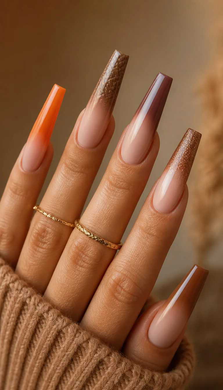 close-up shot of a woman’s hand with five fingers showing extremely long, coffin nails with a gradual ombre effect with a neutral base blending into various colored tips including orange and brown, some textured, warm muted background