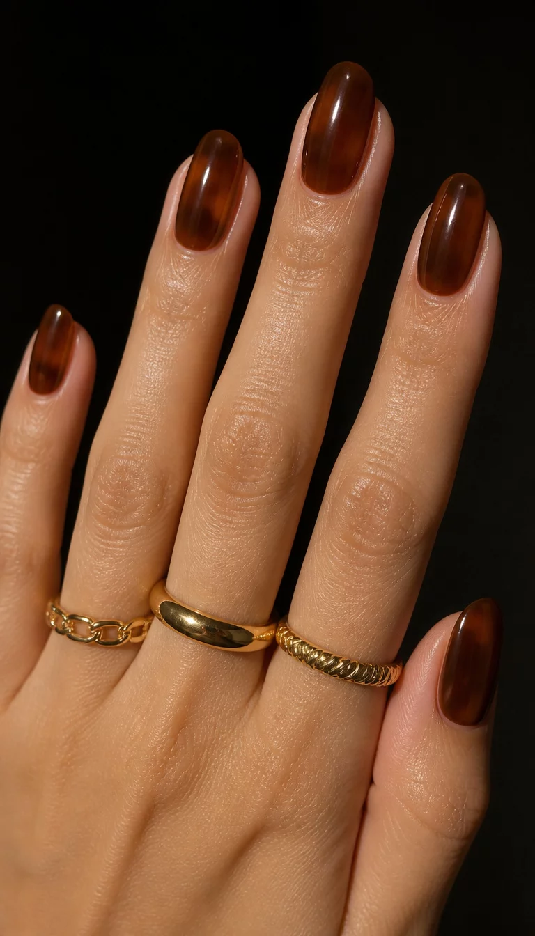 close-up shot of a woman’s hand with five fingers showing oval-shaped nails in a smooth, translucent dark brown, gold rings background, dark background