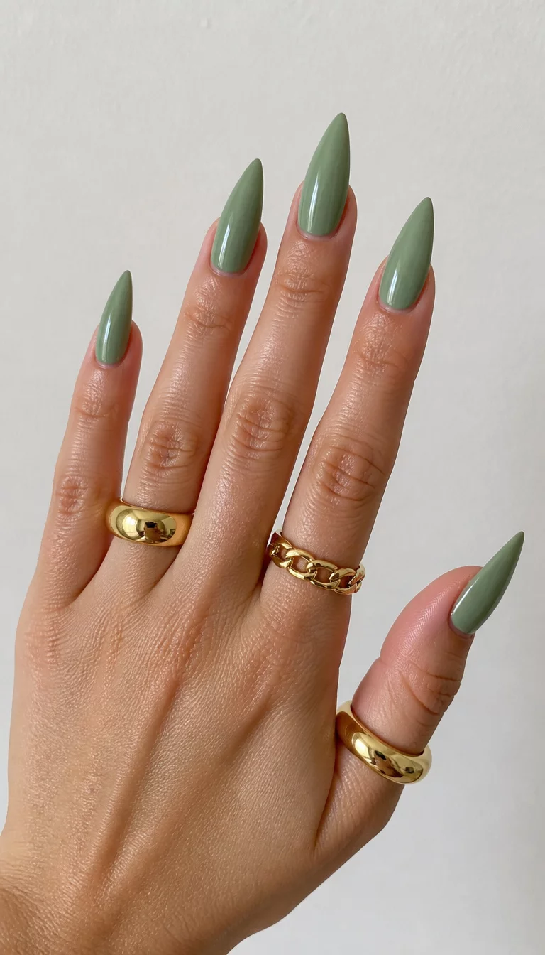 close-up shot of a woman’s hand with five fingers showing stiletto-shaped nails in a solid, muted sage green, complemented by chunky gold rings, plain white wall background
