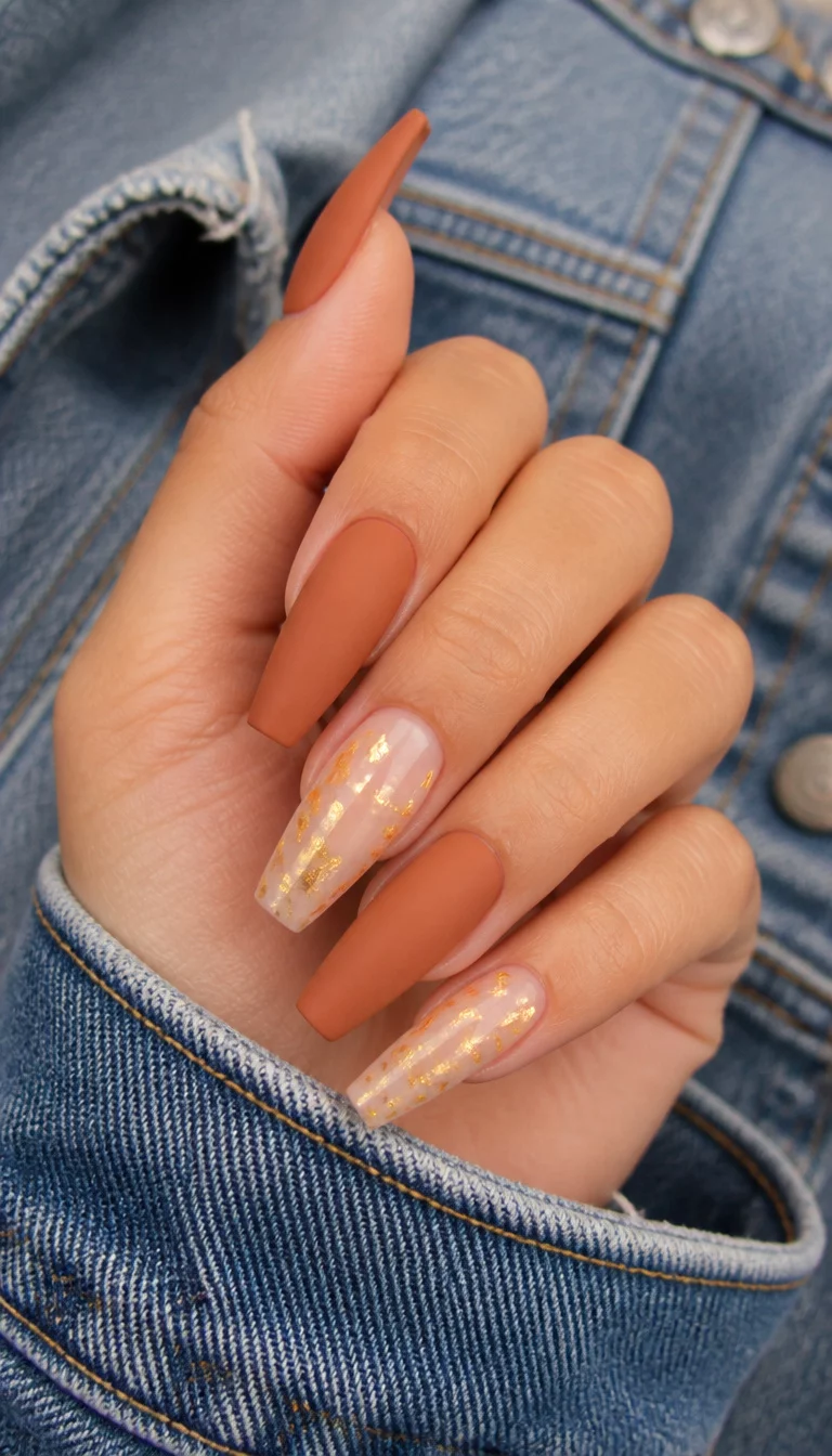 close-up shot of a woman’s hand with five fingers showing long, matte terracotta-colored coffin nails mixed with sheer nails featuring gold leaf flakes, denim jacket background
