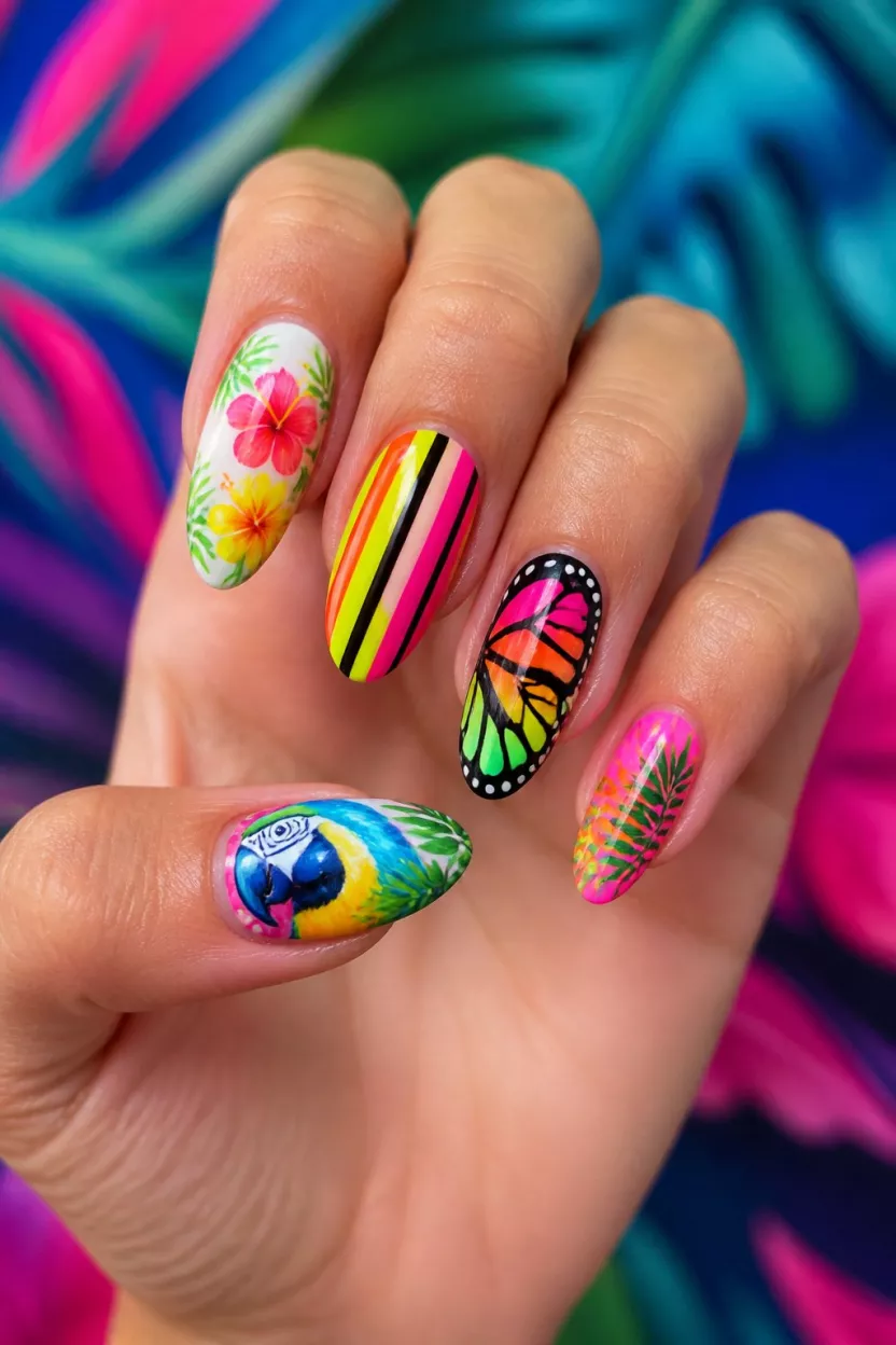 close-up shot of a woman’s hand with five fingers showing nails with artistic styles including tropical flowers, bold neon stripes, butterfly wings, and colorful parrot art, bright artistic background.