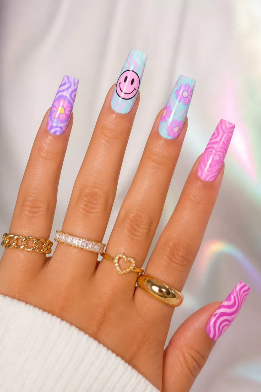 close-up shot of a woman’s hand with five fingers showing nails with long, colorful coffin nails featuring psychedelic swirls, a smiley face, and floral designs in pink, purple, and aqua, chunky gold and sparkly rings, soft background.