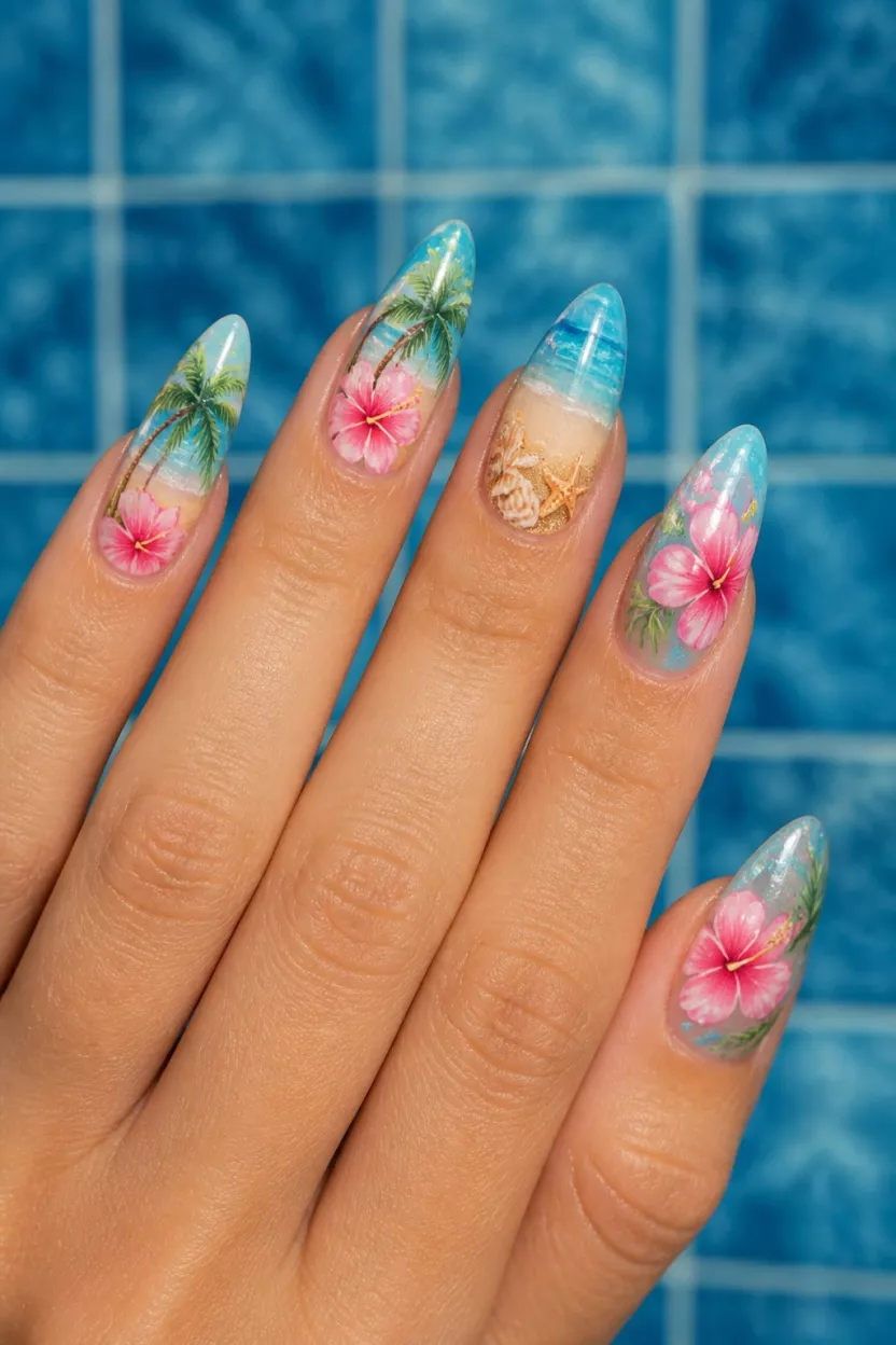 close-up shot of a woman’s hand with five fingers showing nails with long almond nails showcasing elaborate tropical art of pink hibiscus flowers, palm trees, small shells, and starfish, tiled blue background.