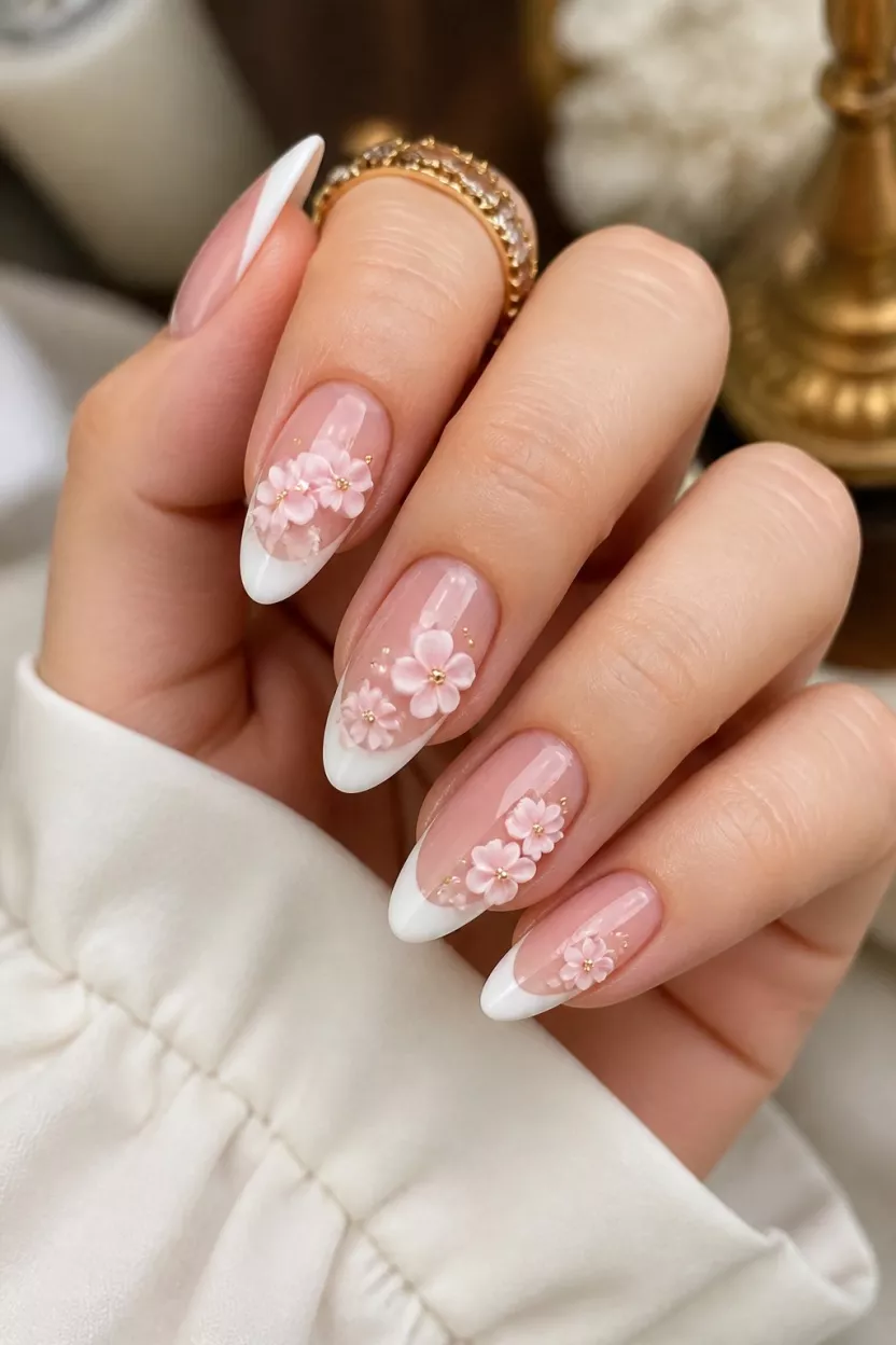close-up shot of a woman’s hand with five fingers showing nails with almond-shaped nails showcasing a sheer base with elegant white French tips adorned with delicate 3D pink flowers and small gold beads, soft focus background.