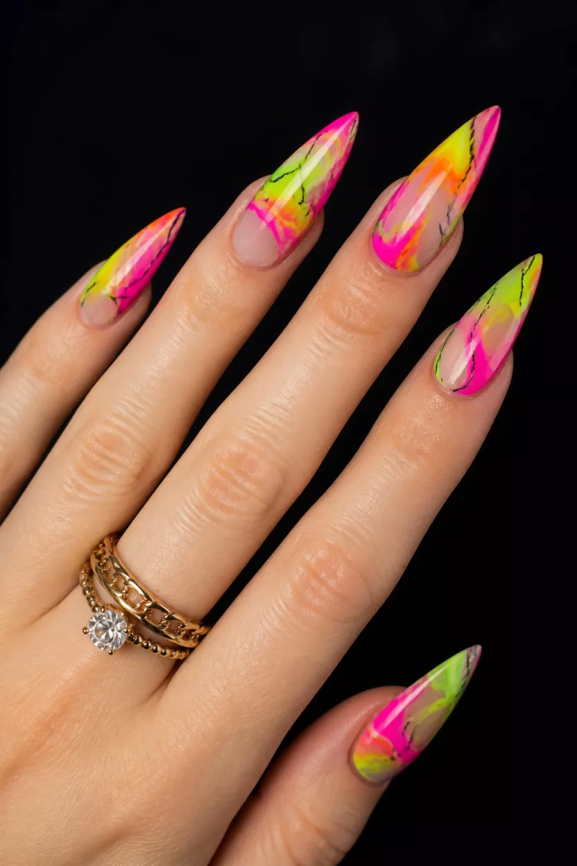 close-up shot of a woman’s hand with five fingers showing nails with long, sharp stiletto nails exhibiting a vibrant, clear base with abstract, multicolored swirls in neon pink, yellow, and green, thin black crackle lines, dark background.
