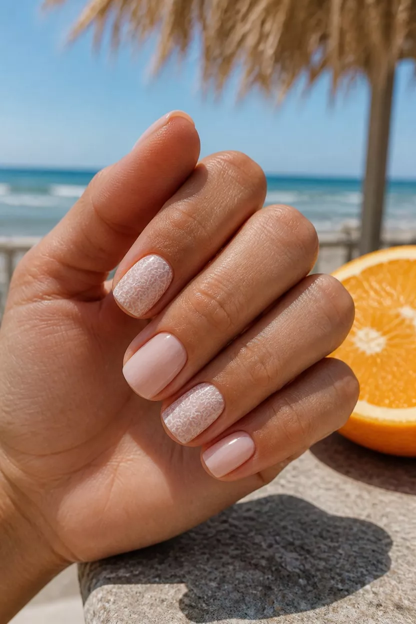 close-up shot of a woman’s hand with five fingers showing nails with short, square nails featuring a soft nude base with delicate white lace patterns on some fingers, hand resting outdoors near a beach setting with an orange slice nearby.