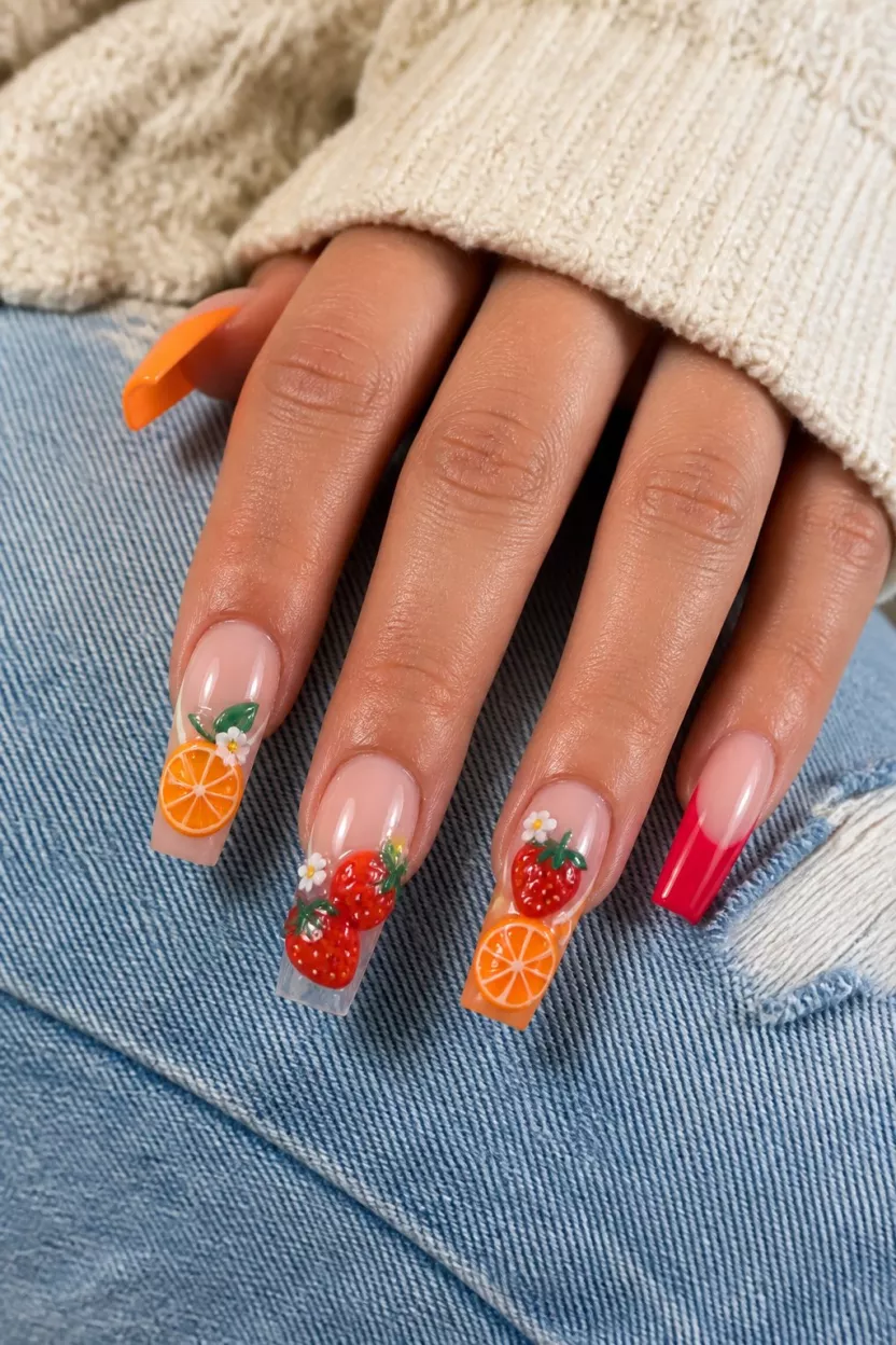 close-up shot of a woman’s hand with five fingers showing nails with square coffin nails displaying bright 3D fruit art of oranges and strawberries on French base tips, with solid bright tips on other fingers, hands layered over denim and a cream sweater.