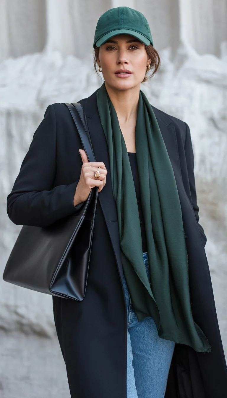A high fashion editorial photograph of a 35-year-old midsize woman in a dark green baseball cap, black coat, dark green scarf, and light blue jeans, she carries a black quilted handbag.
