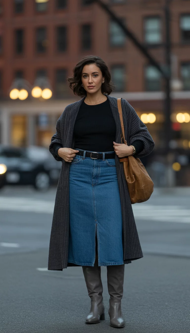 Midi Skirts and Tall Boots A beautiful 31-year-old woman in a black top, denim midi skirt, tall gray boots, and a patterned overshirt, carrying a brown bag.