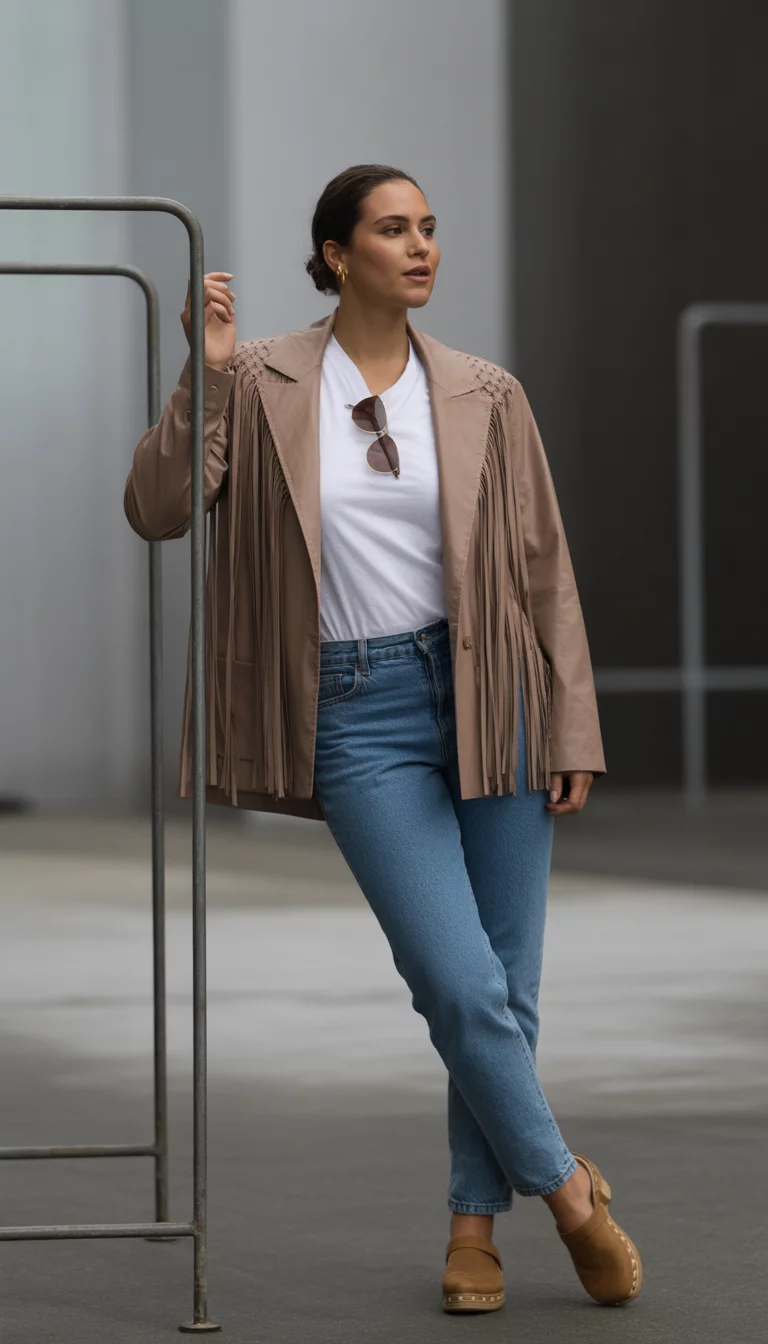A high fashion editorial photograph of a 30-year-old midsize woman in a light brown fringe jacket, white tee, blue jeans, sunglasses, and brown clogs standing near a clothing rack.