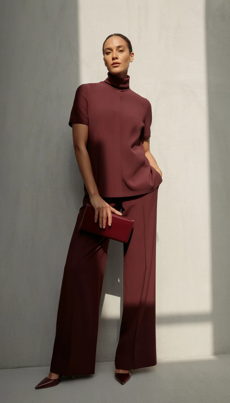 A high fashion editorial photograph of a 38-year-old midsize woman in a maroon short-sleeved turtleneck and dark maroon wide-leg pants, she holds a maroon clutch and wears maroon pointed-toe heels.