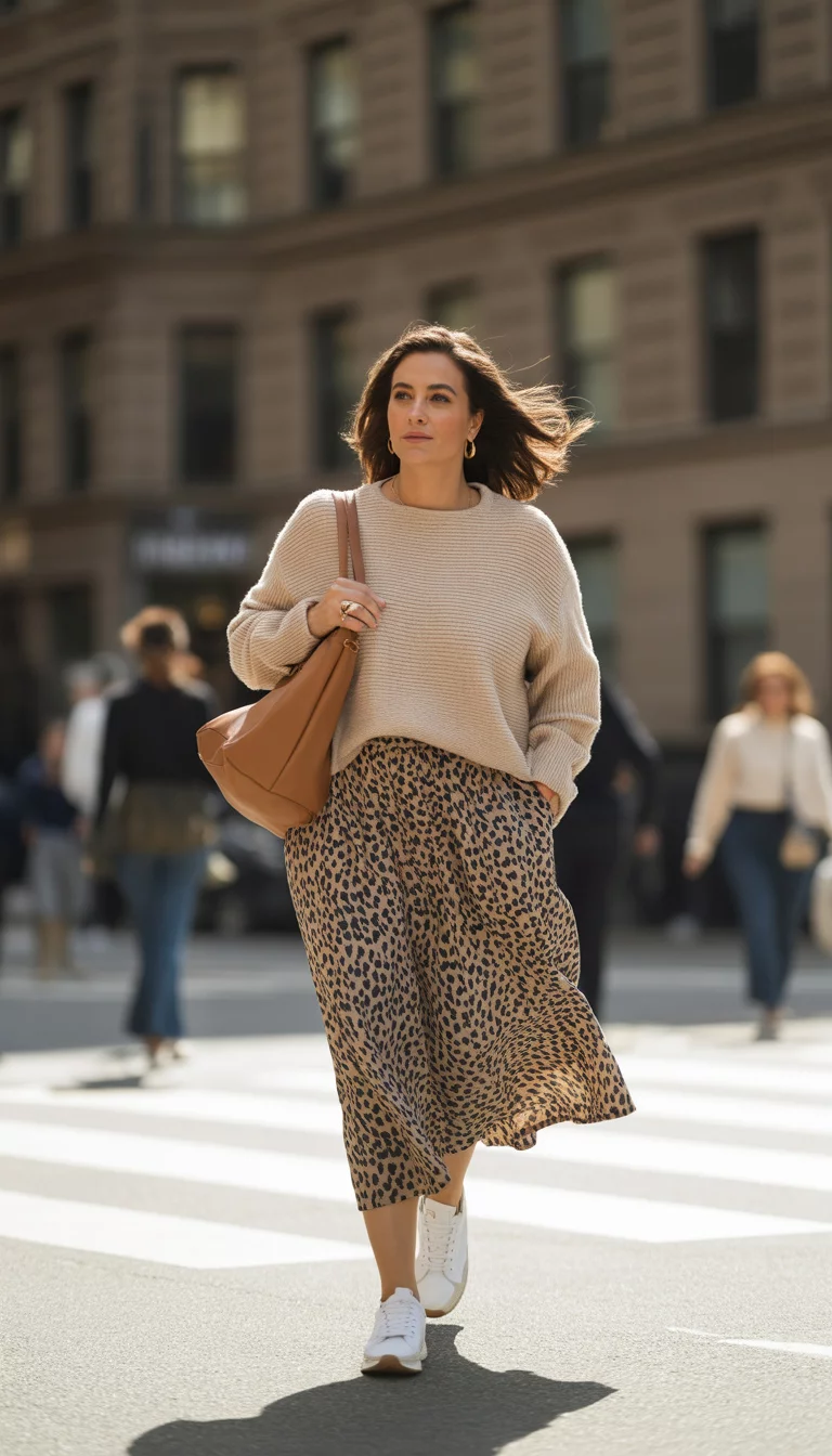 A high fashion editorial photograph of a 36-year-old midsize woman in a beige knitted sweater, leopard print midi skirt, white sneakers, and a tan shoulder bag on a sidewalk.