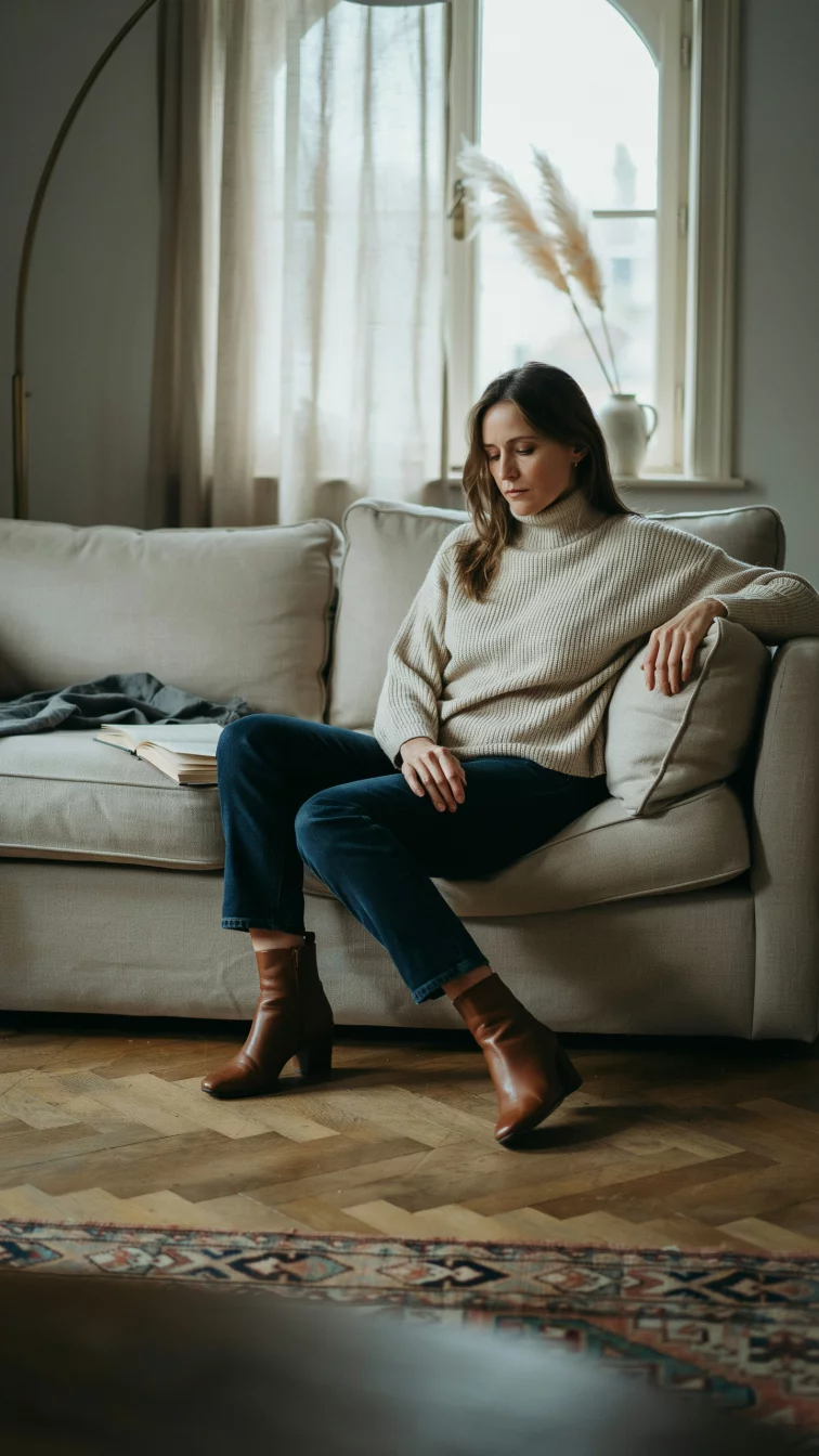 A high fashion editorial photograph of a 44-year-old midsize woman in a cream waffle-knit turtleneck sweater, dark jeans, and brown ankle boots, seated on a sofa.