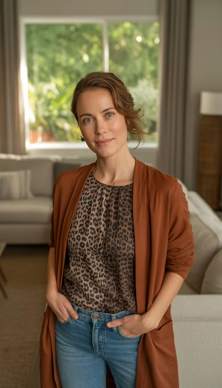 Rust Cardigans and Leopard Prints A beautiful 37-year-old woman in a leopard print top, blue jeans, and a rust-colored open cardigan, posing in a room.