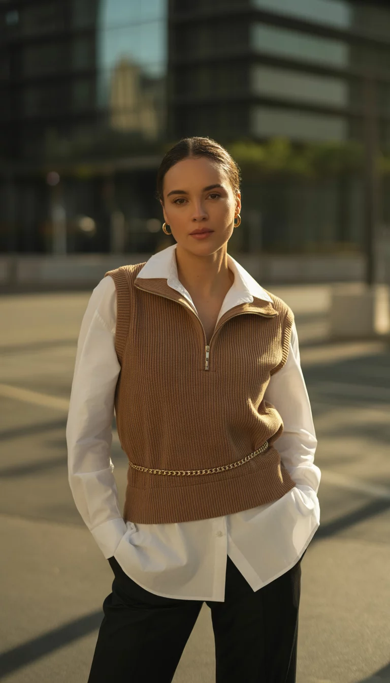 A high fashion editorial photograph of a 27-year-old midsize woman in a white button-up shirt, brown quarter-zip sweater vest, and a gold chain belt outdoors.