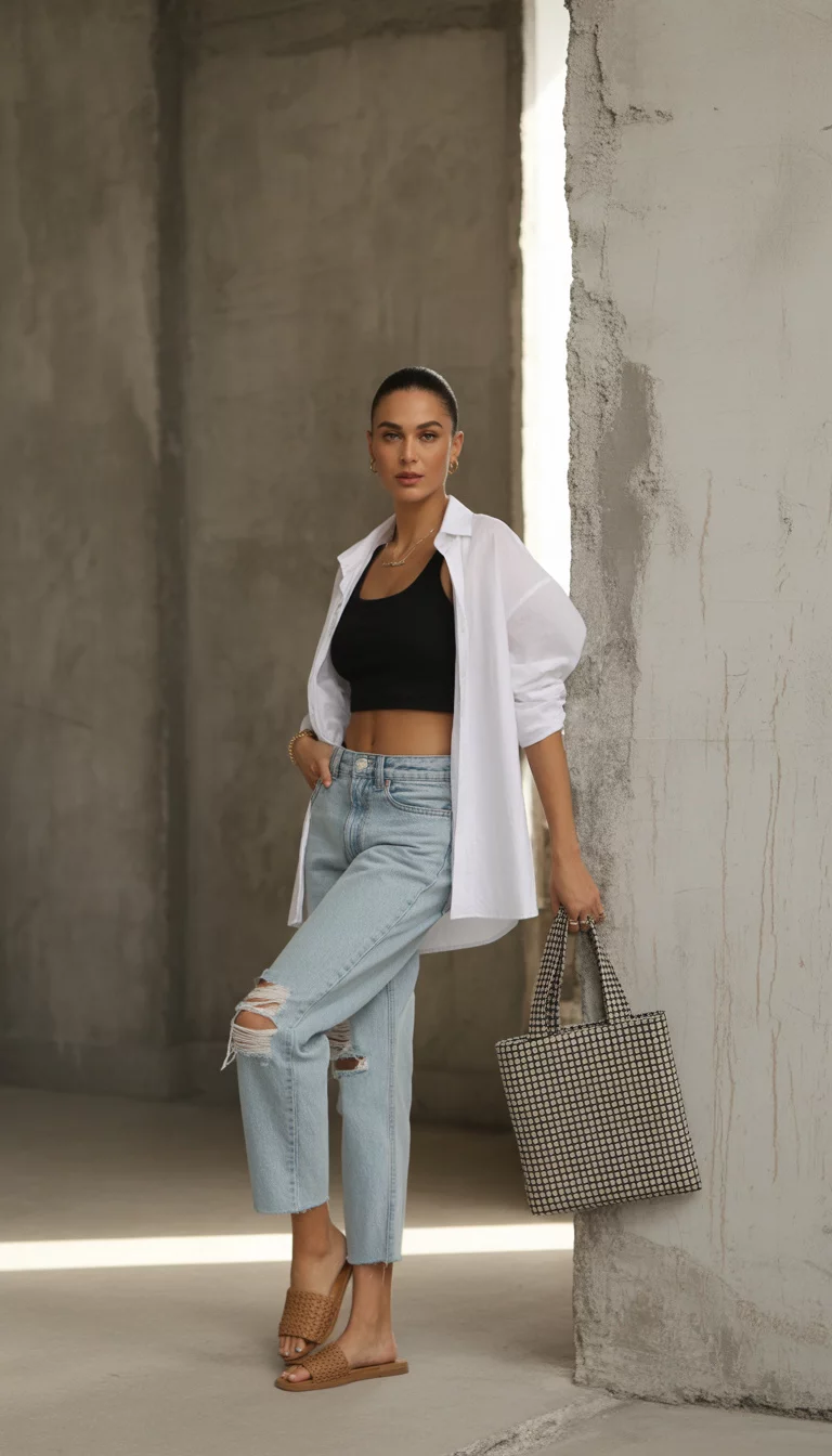 A high fashion editorial photograph of a 24-year-old midsize woman in a black crop top, unbuttoned white shirt, ripped light wash jeans, brown woven slides, and holding a checkered tote bag.