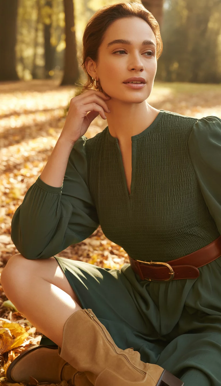 A high fashion editorial photograph of a 30-year-old midsize woman in a dark green smocked dress with long sleeves, a brown belt, and tan ankle boots, outdoors.