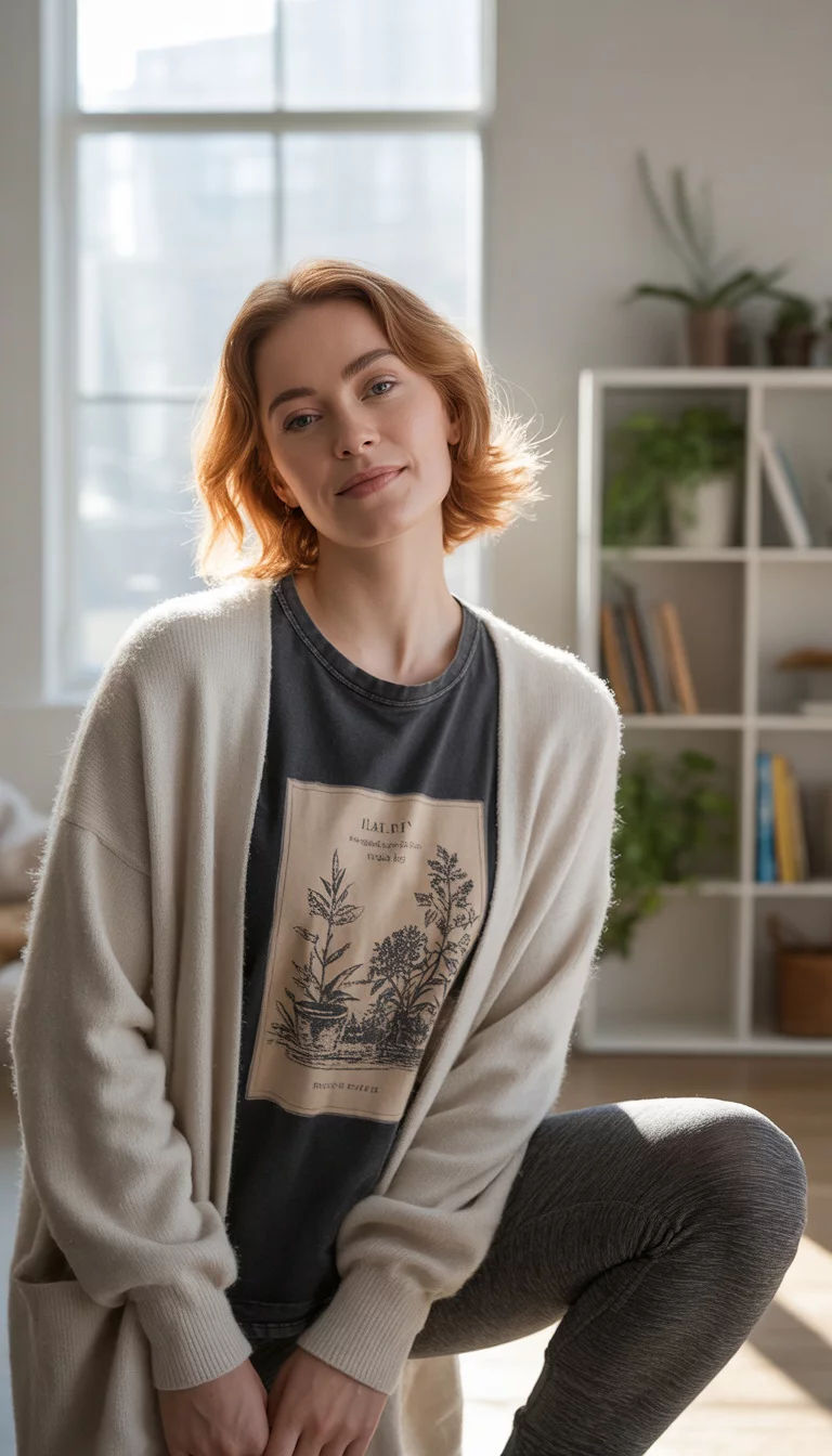 Casual Comfort for Weekend Errands A beautiful 29-year-old woman in a casual cardigan, graphic t-shirt, and comfortable leggings, posing in a well-lit room.