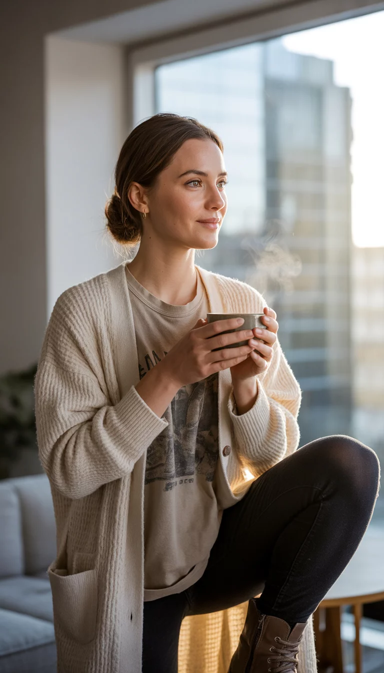 Textured Cardigans and Sidewalk Style A beautiful 31-year-old woman in a textured cardigan, graphic tee, black leggings, and boots, holding a coffee cup.