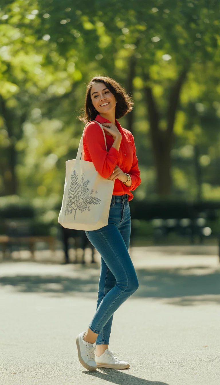 Classic Red and Canvas Totes A beautiful 22-year-old woman in a red long-sleeve shirt, blue jeans, and white sneakers, posing with a canvas tote bag outdoors.