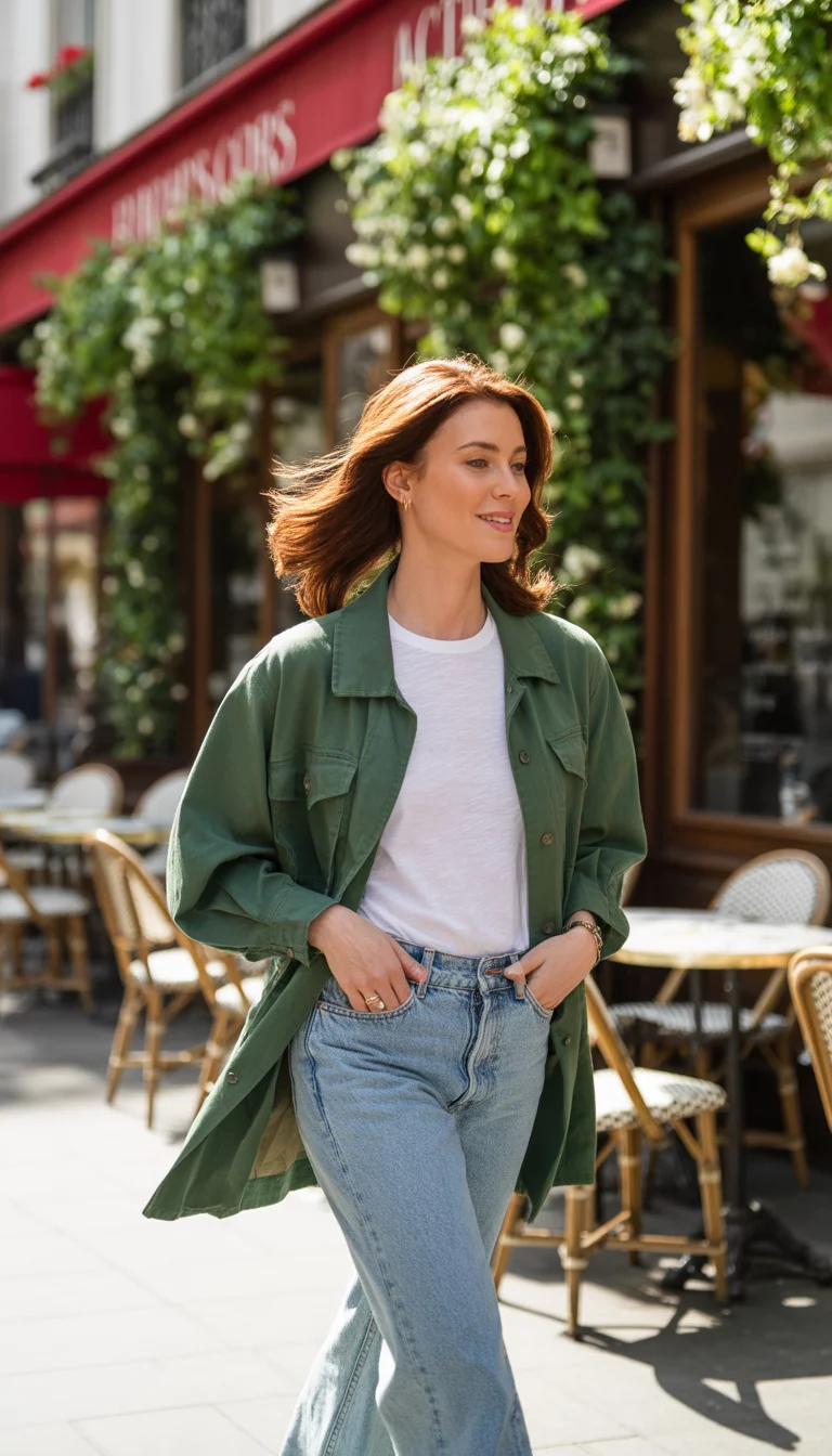 Utility Jackets for Cafe Days A beautiful 37-year-old woman in a green utility jacket, white t-shirt, and light-wash jeans, walking in front of a cafe.