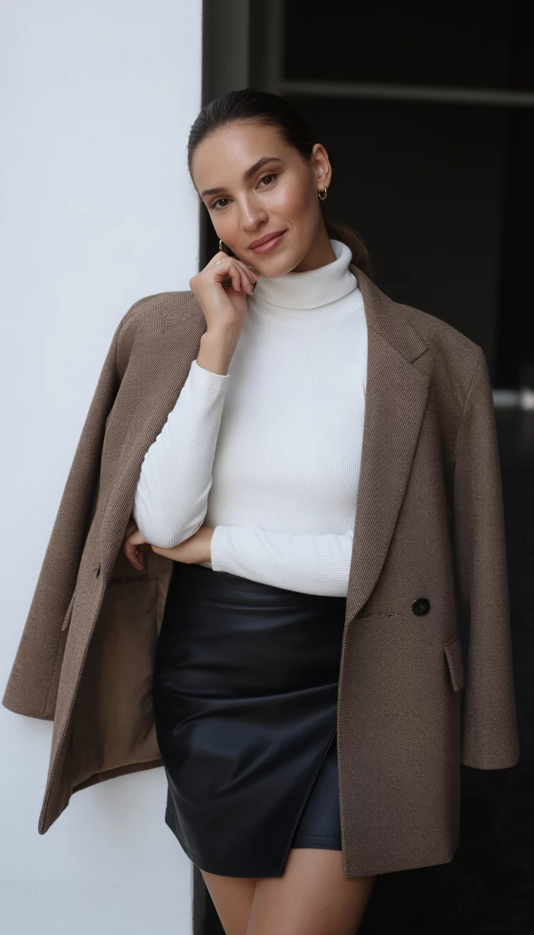 Blazers and Minis for a Sharp Look A beautiful 25-year-old woman in a white turtleneck, black mini skirt, and brown oversized blazer, posing against a white wall.