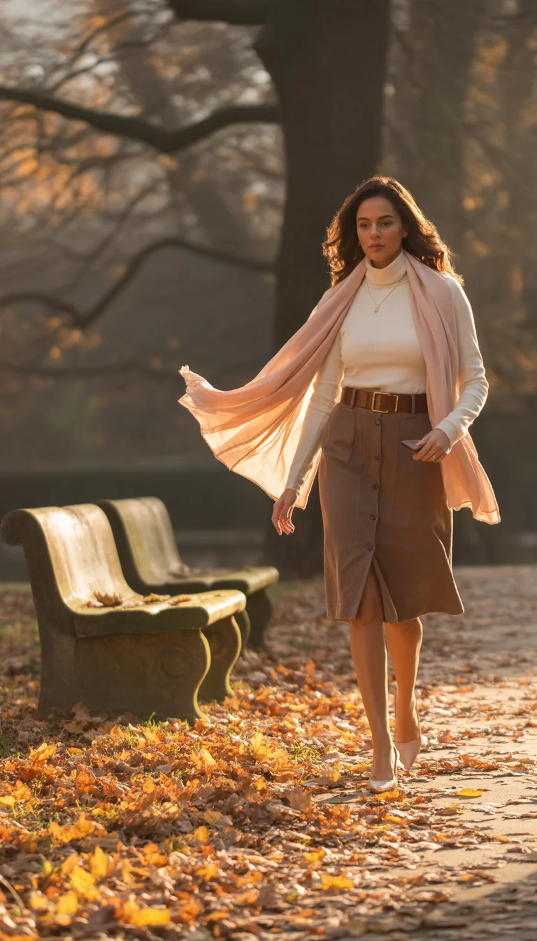 A high fashion editorial photograph of a 29-year-old midsize woman in a cream turtleneck, brown button-up skirt, brown belt, and a pale pink scarf, she walks through a park in autumn with fallen leaves.