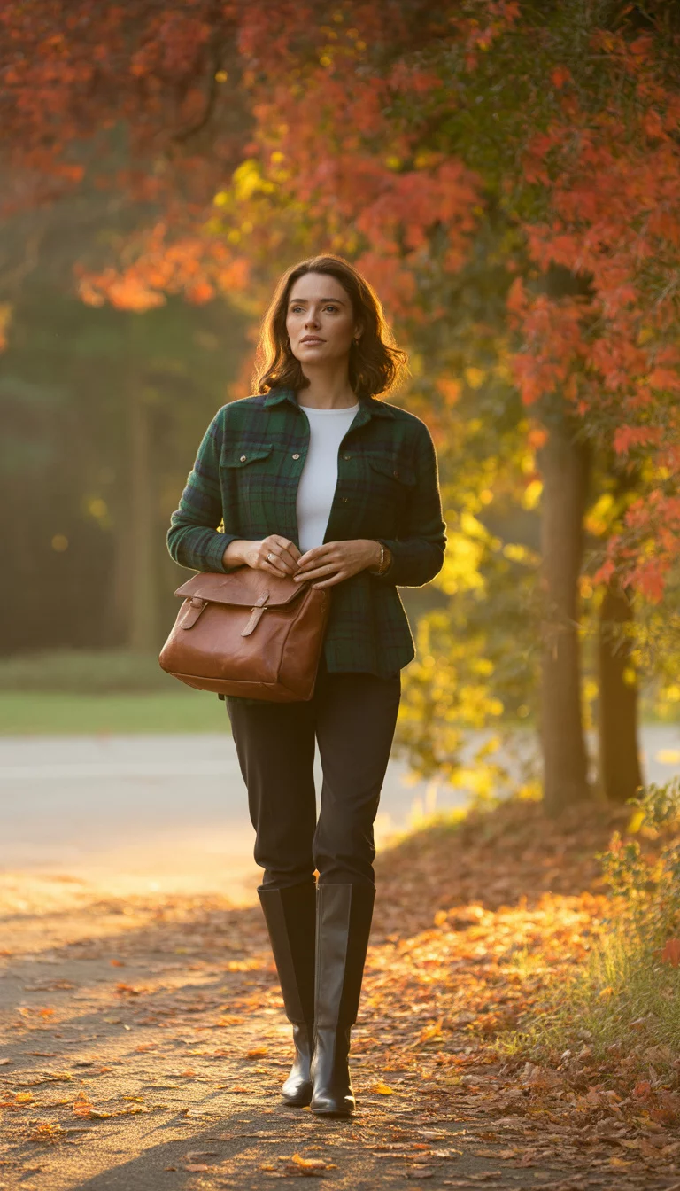 Plaid Shackets and Knee High Boots A beautiful 29-year-old woman in a plaid shirt jacket, white top, black pants, and knee-high boots, holding a brown satchel bag in an autumn setting.