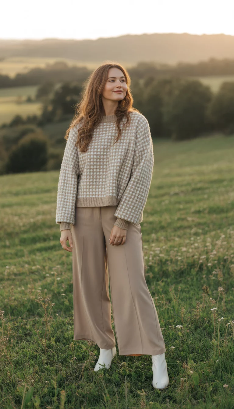 Checkered Sweaters and Neutral Tones A beautiful 27-year-old woman in a checkered sweater, beige wide-leg pants, and white boots, posing outdoors.