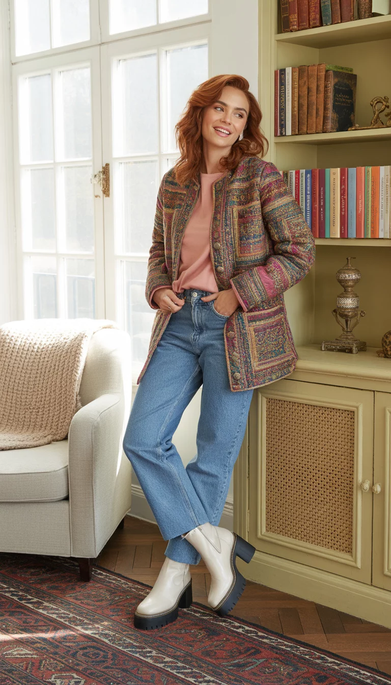 Quilted Jackets and Platform Heights A beautiful 26-year-old woman in a colorful quilted jacket, pink top, blue jeans, and white platform boots, standing in a room with decor.