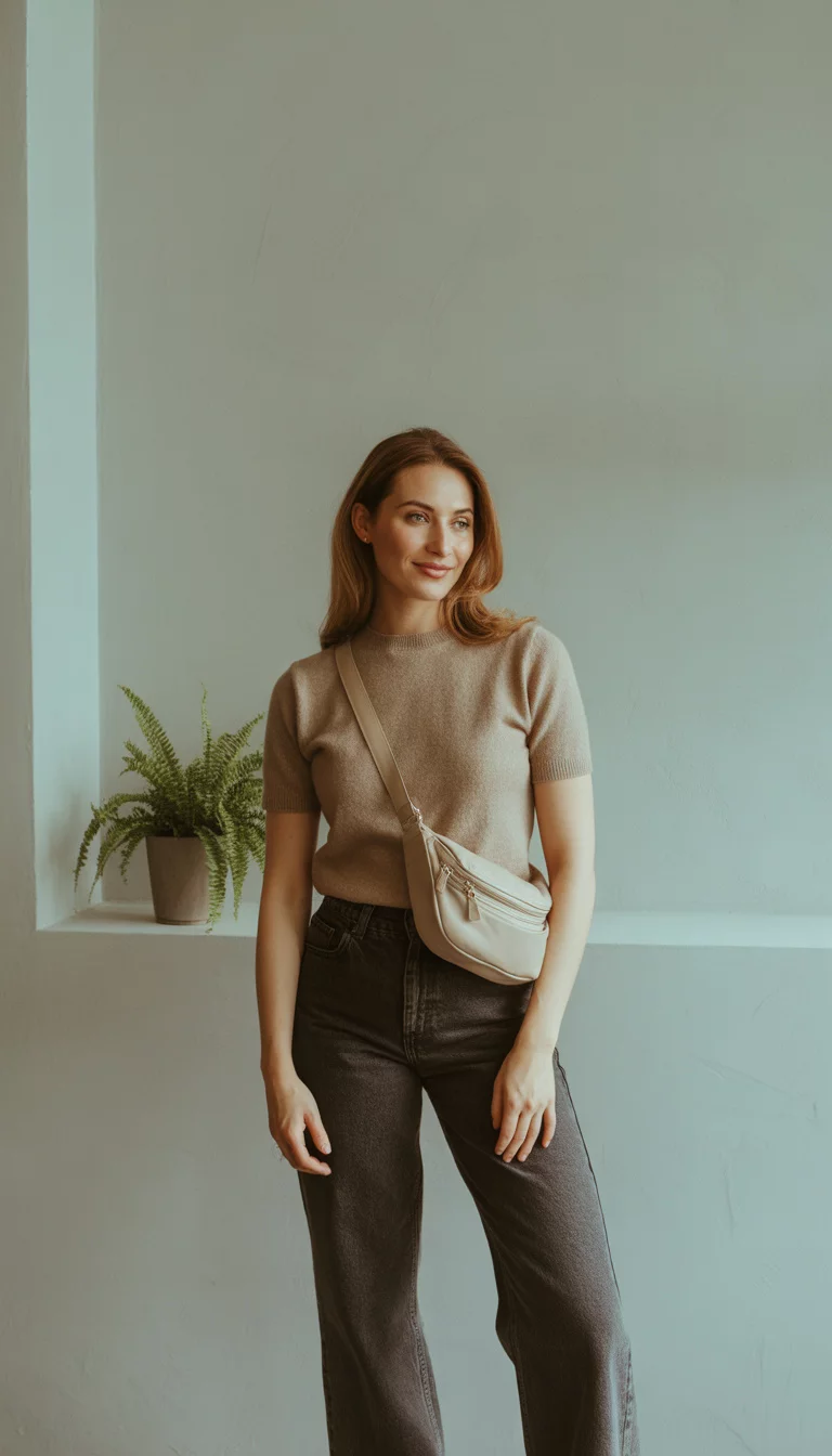 Beige Knits and Wide Leg Denim A beautiful 33-year-old woman in a beige short-sleeve sweater, dark wash wide-leg jeans, and a beige crossbody bag, standing against a plain wall.