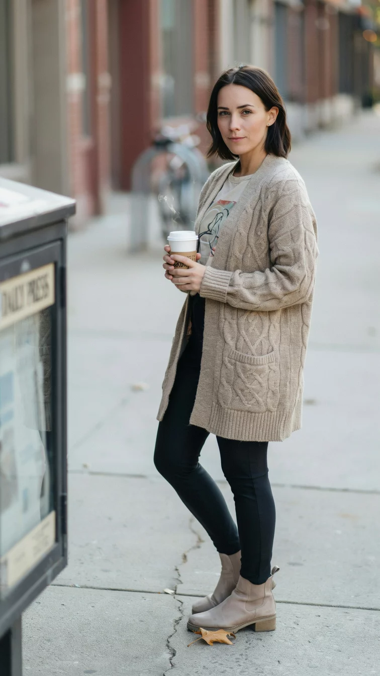 A high fashion editorial photograph of a 33-year-old mid size woman in a chunky beige cardigan, graphic tee, black leggings, and beige boots, she holds a coffee cup on a sidewalk.