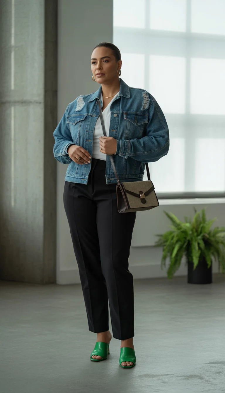 A high fashion editorial photograph of a 33-year-old midsize woman in a denim jacket, white top, black high-waisted pants, bright green mules, and a small brown and black handbag.