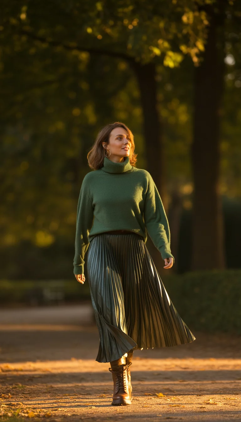 Metallic Skirts and Forest Green Knits A beautiful 32-year-old woman in a forest green turtleneck sweater, pleated metallic skirt, and brown boots, walking in a park.