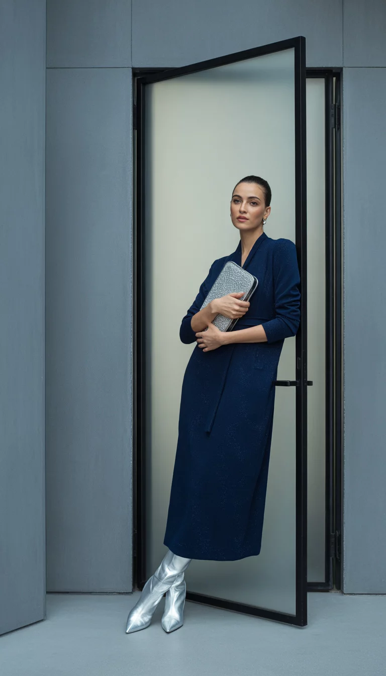 A high fashion editorial photograph of a 26-year-old midsize woman in a navy blue dress, silver boots, and a silver clutch, she poses by a modern doorway.