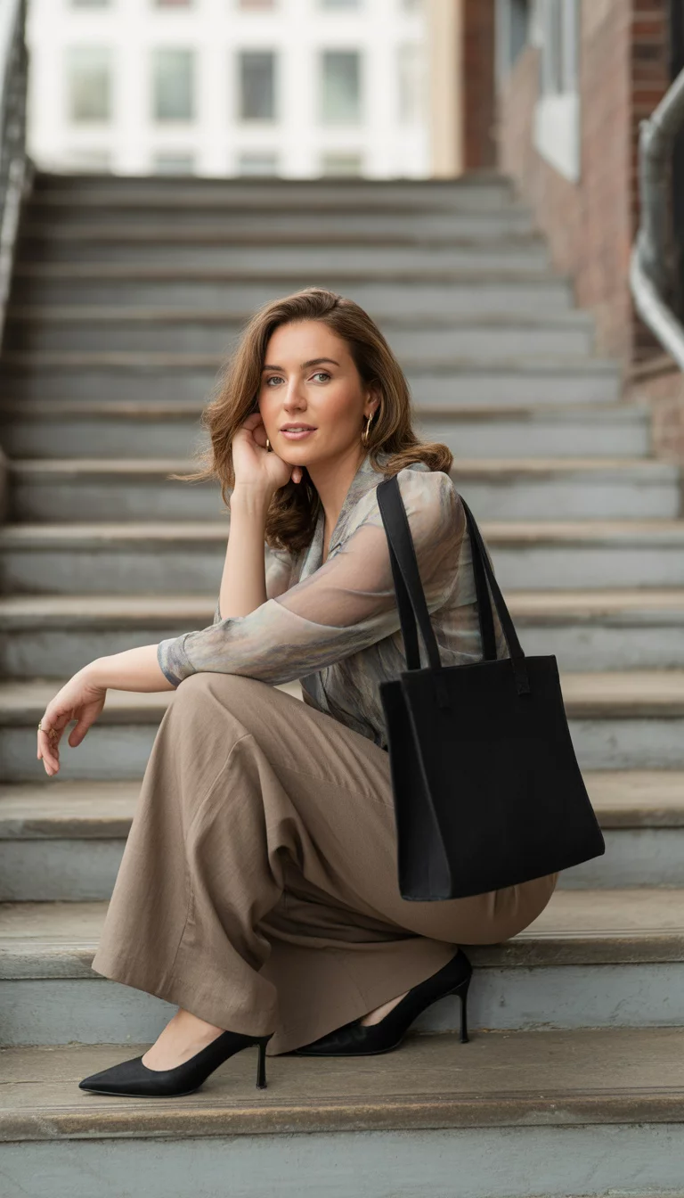 Sheer Patterns and Wide Leg Sophistication A beautiful 34-year-old woman in a sheer patterned blouse, brown wide-leg pants, black tote bag, and black pointed heels, standing on a wooden staircase.