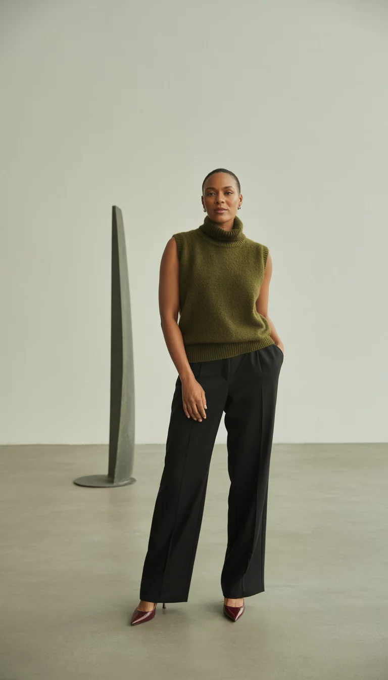 A high fashion editorial photograph of a 39-year-old midsize woman in an olive green sleeveless turtleneck sweater, black wide-leg pants, and burgundy pointed-toe heels indoors.