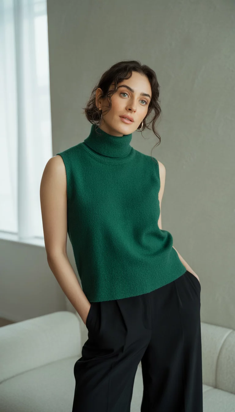 Sleeveless Knits and Wide Leg Neutrals A beautiful 33-year-old woman in a green sleeveless turtleneck sweater and black wide-leg pants, posing in a minimalist room.