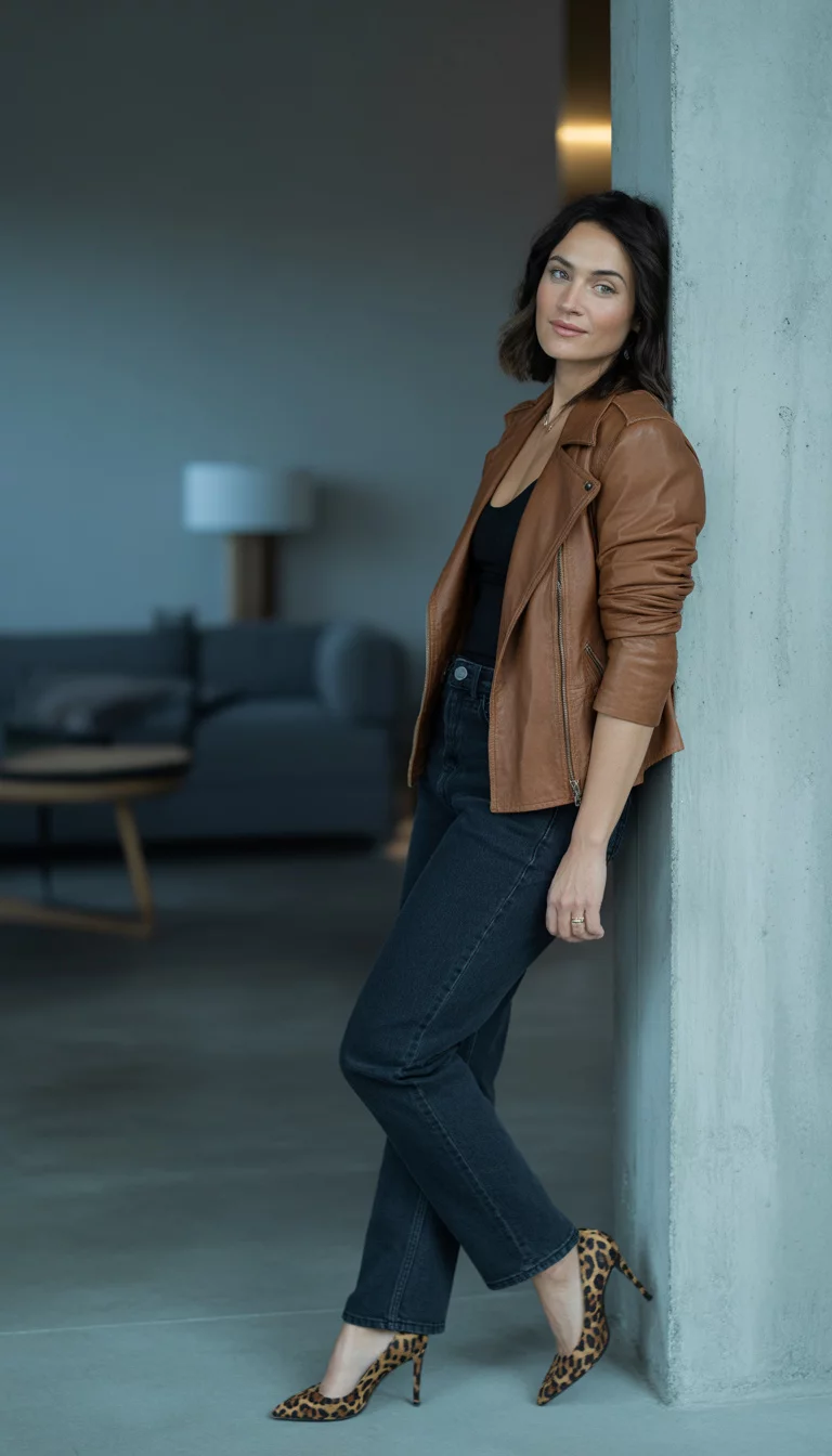 Leather Jackets and Leopard Accents A beautiful 36-year-old woman in a brown leather jacket, blue jeans, and leopard print heels, posing in a room.