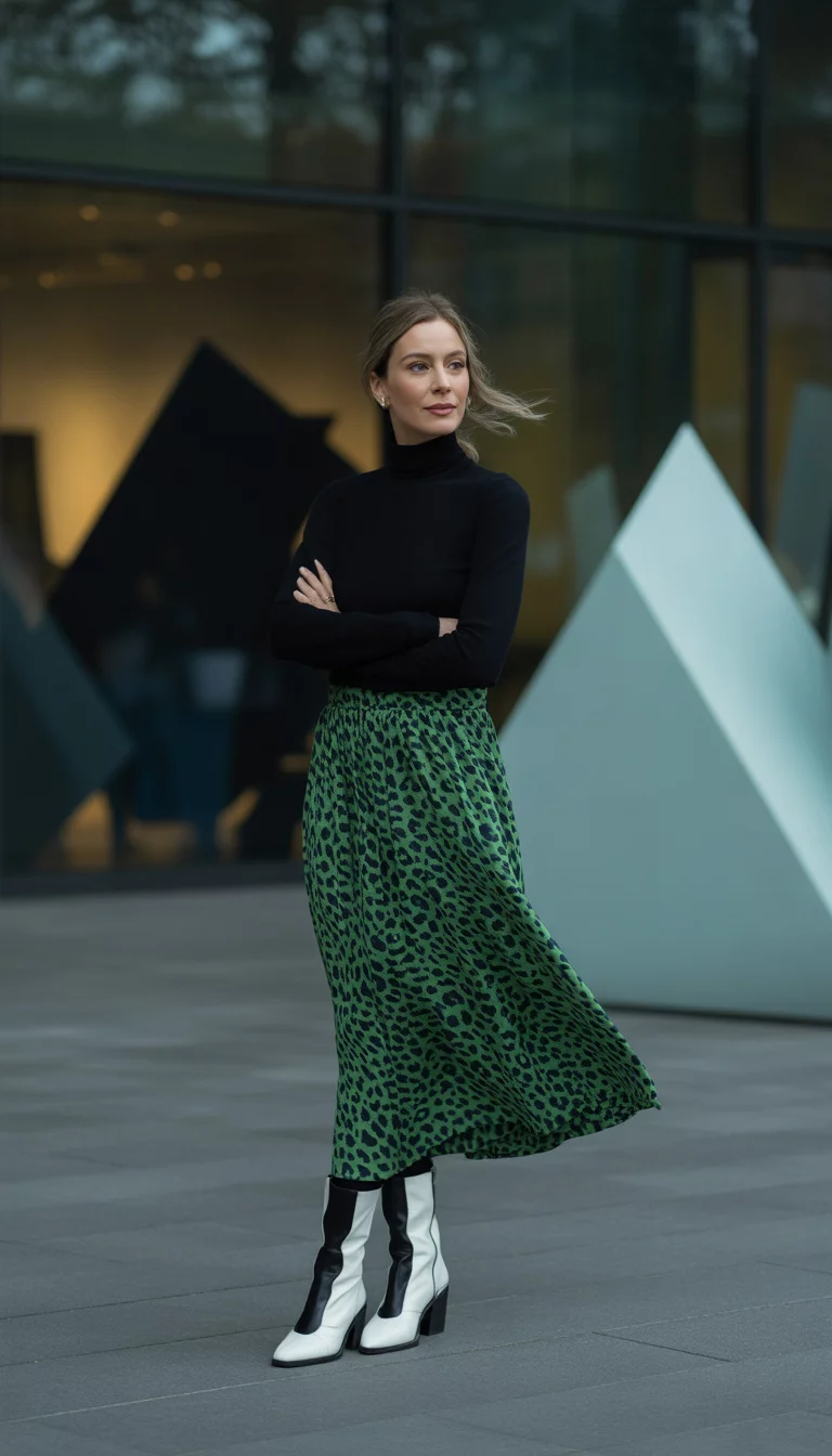 Leopard Prints and Bold Boots A beautiful 34-year-old woman in a black turtleneck, green leopard-print skirt, and white and black boots, standing outside.
