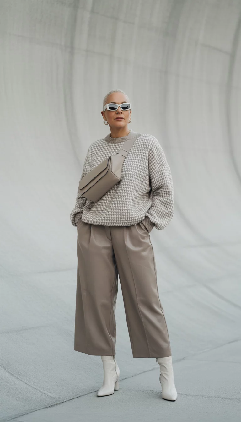 A high fashion editorial photograph of a 40-year-old midsize woman in a beige and gray checkered oversized sweater, taupe culottes, white heeled boots, white sunglasses, and a crossbody bag.