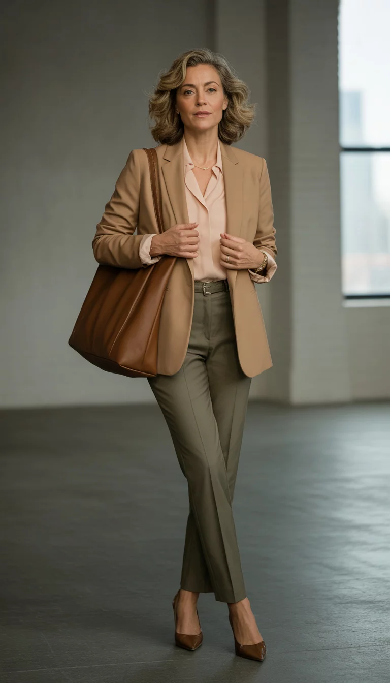 A high fashion editorial photograph of a 42-year-old midsize woman in a tan blazer, light peach blouse, high-waisted olive green pants, and brown pointed-toe heels, she carries a large brown tote bag indoors.