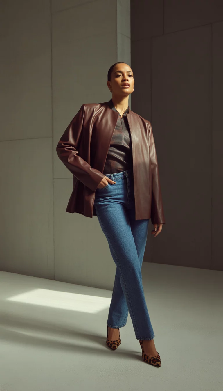 A high fashion editorial photograph of a 31-year-old midsize woman in a brown faux leather jacket, dark top, blue jeans, and leopard print pointed heels.