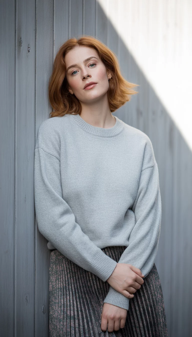 A beautiful 30-year-old woman in a light grey crewneck sweater and a dark floral pleated midi skirt, she poses against a weathered grey wooden wall.